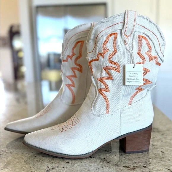 White Denim Western Heeled Boots with Orange Embroidery - Picture 6 of 12